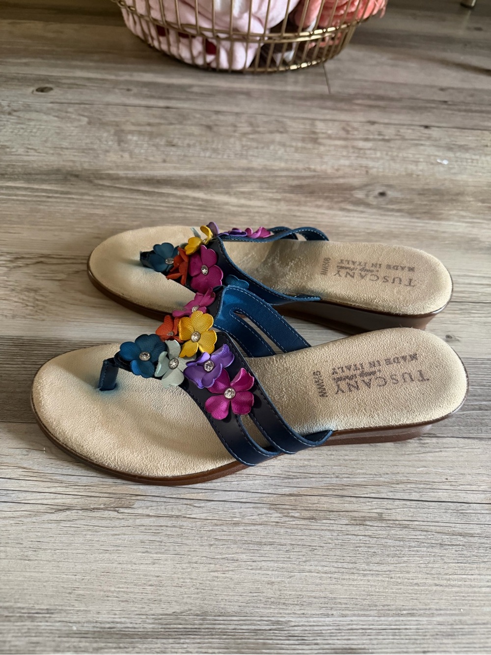 Tuscan's Navy Leather Floral Thong Sandals - Multicolor Flowers